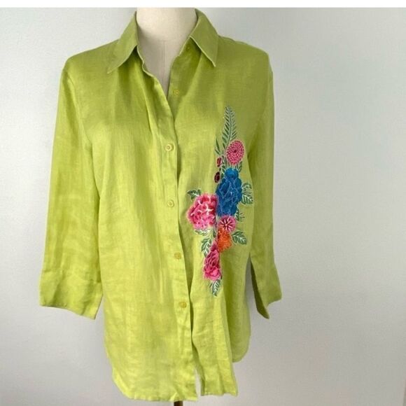 Nygard Collection Lime Green Linen Top Cottagecore Artsy Beachy Office Size 10 - Picture 1 of 8